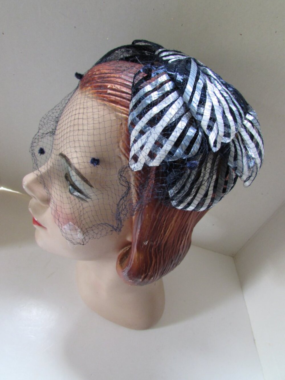 Vintage Hat Bow Head Band Style Navy White Stripe Cello